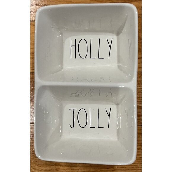 Rae Dunn Christmas "HOLLY JOLLY" Two Section Candy Nut Serving Dish - Picture 1 of 5
